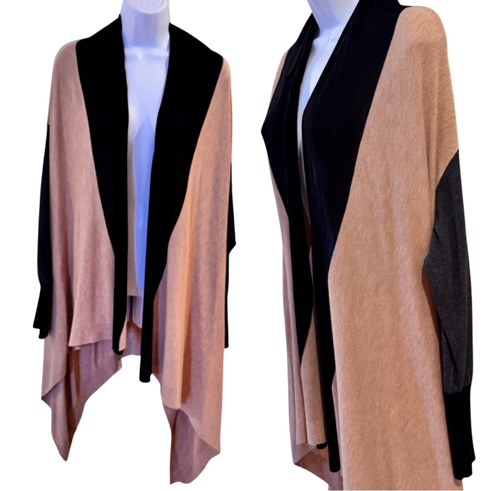 Worthington Black Tan Gray Womens Open Front Colorblock Cardigan Size LT